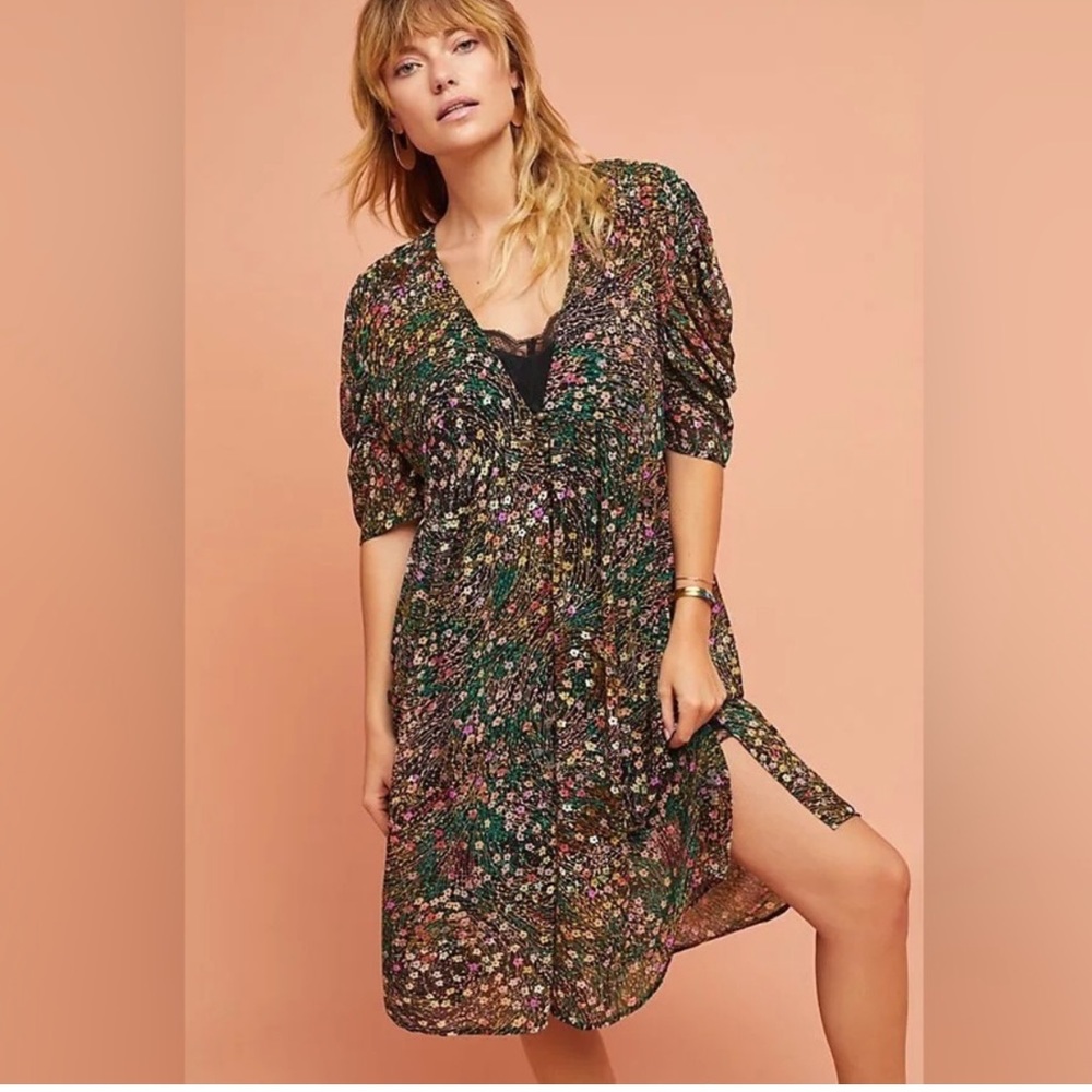 Anthropologie Green Floral Midi Sheer Dress + Black Slip